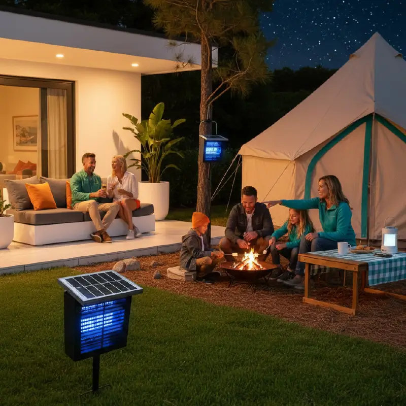 Familia cenando en jardín protegida por lámpara solar mata mosquitos